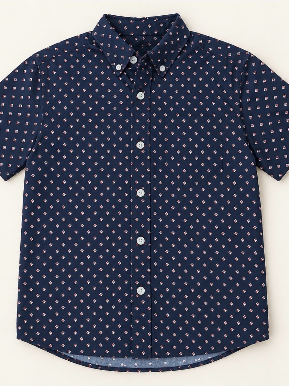 abercrombie kids Navy Short-Sleeve Button-Down Shirt with Pink Geometric Print